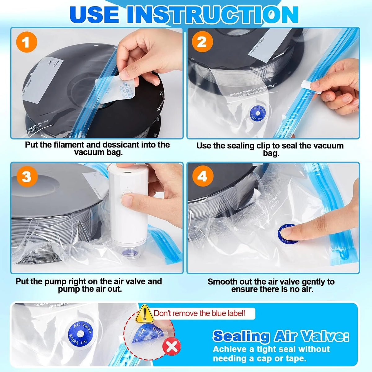 Vacuum Storage Bags for Bambu Lab 3D Printer Filament Reusable Moisture Proof Sealed Bags for 1KG PLA PETG ABS TPU Spools Pack