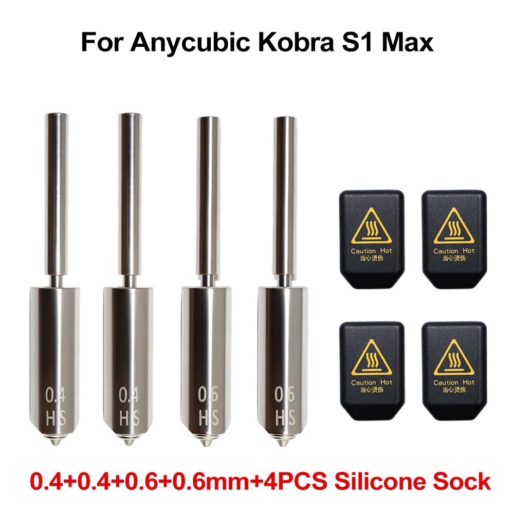 For Anycubic Kobra S1 Max Nozzle With Silicone Sock 0.25 0.4 0.6 0.8 Kobra S1 Max Combo Extruder Hot End 3d Printer Accessories
