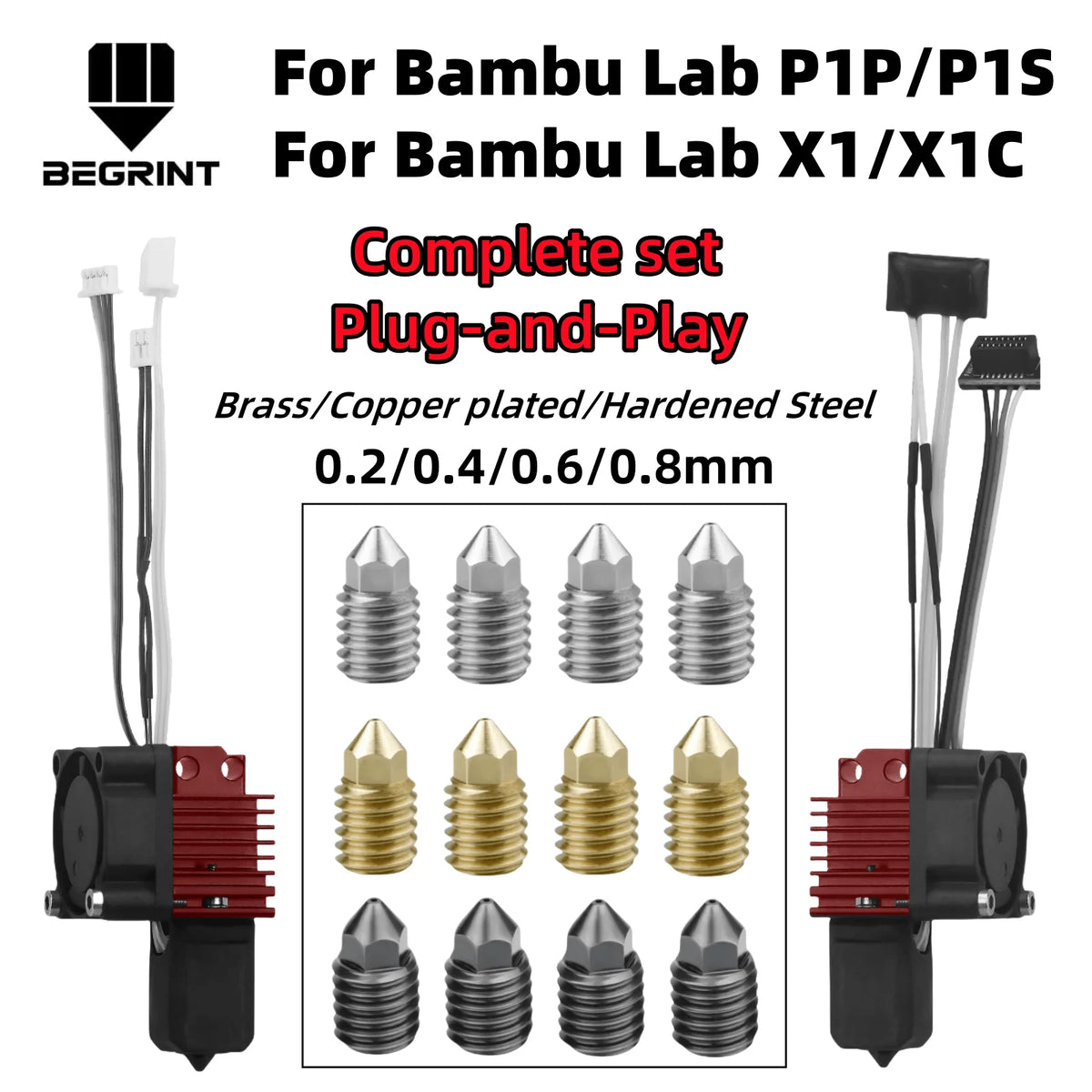 Complete Hotend Assembly Hotend For Bambu Lab X1 X1C P1P P1S with Fan Upgrade 2.0 with Nozzle Complete Bamboo Lab X1 Carbon