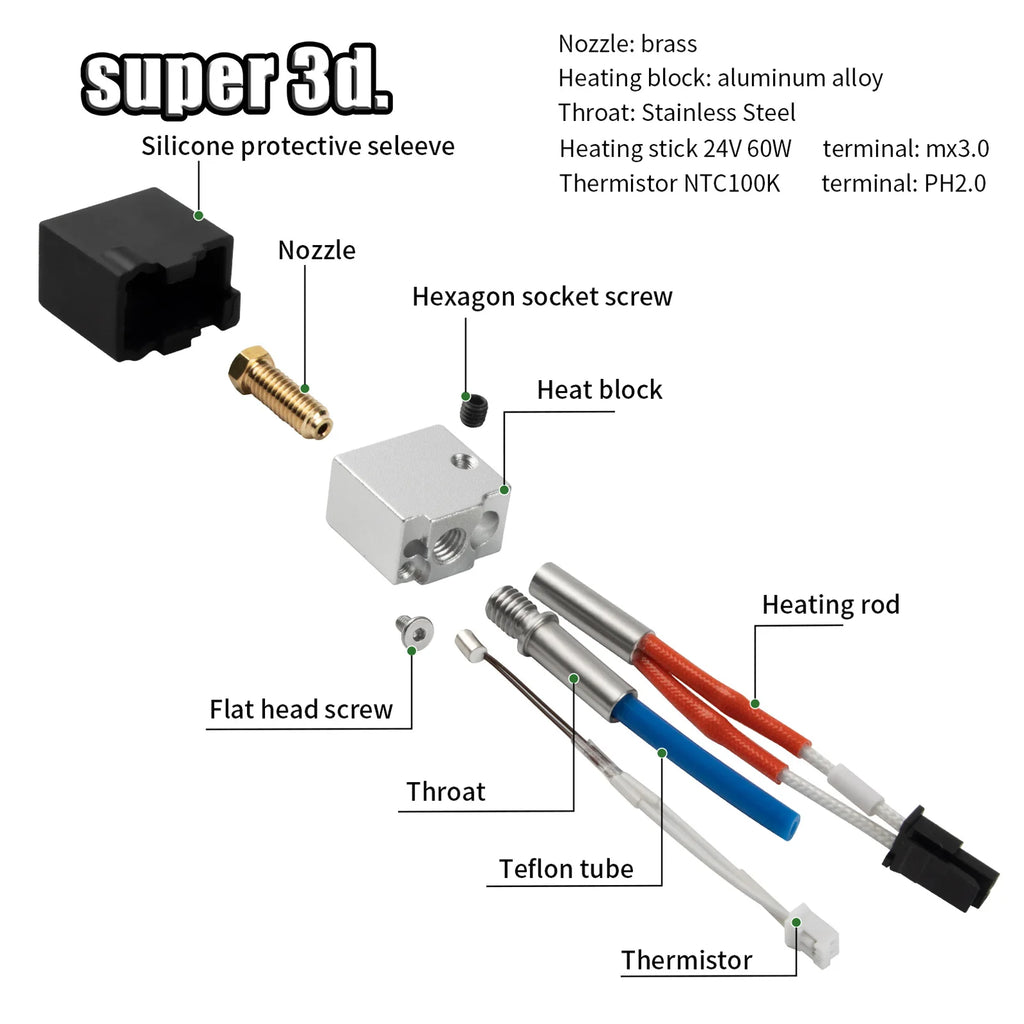 For Anycubic Kobra 2 Hotend 60W 24V Heating Tube Thermistor NTC100K For Kobra 2 Plus/2 Max/2 Neo/2Pro 3D Printer Parts Extruder