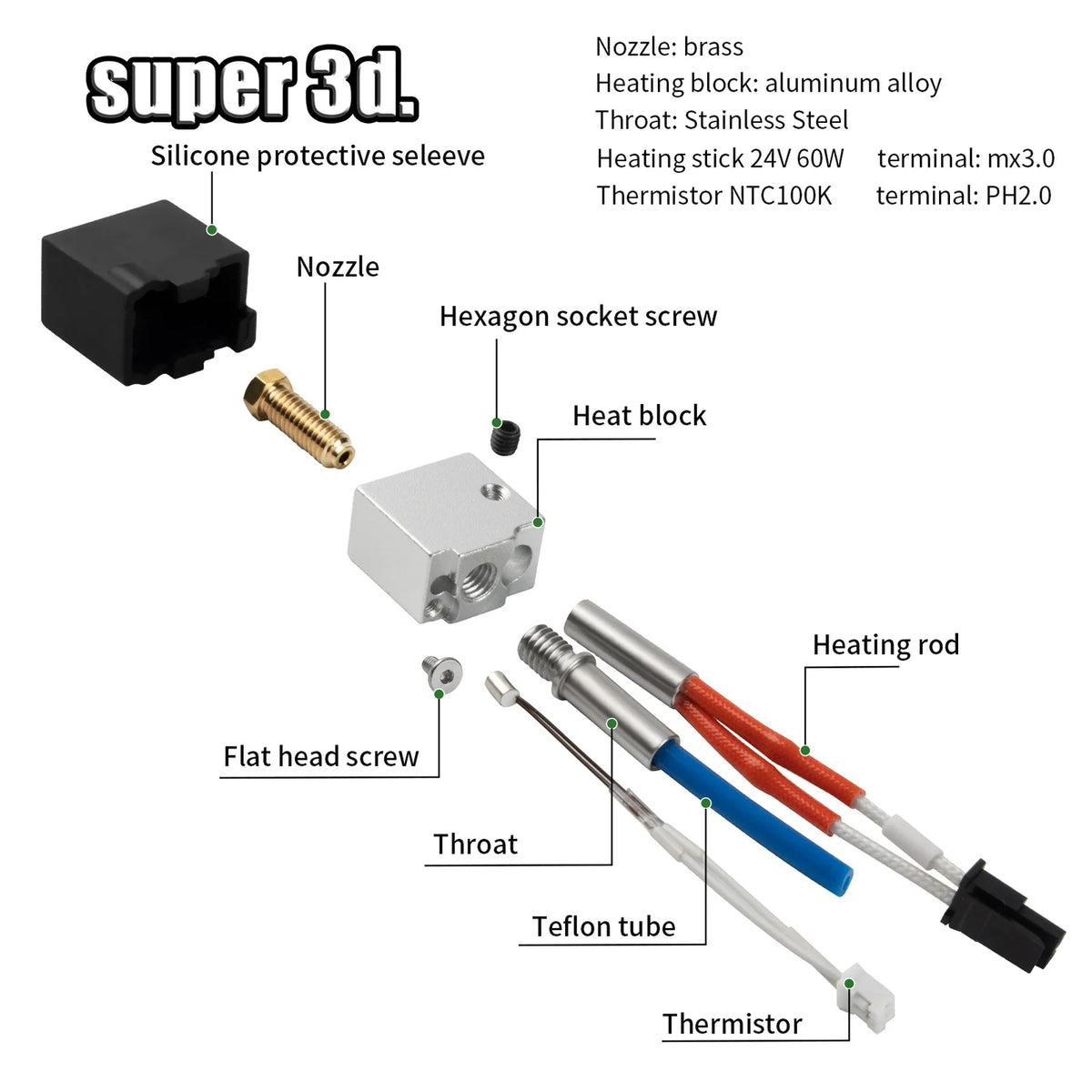 For Anycubic Kobra 2 Hotend 60W 24V Heating Tube Thermistor NTC100K For Kobra 2 Plus/2 Max/2 Neo/2Pro 3D Printer Parts Extruder