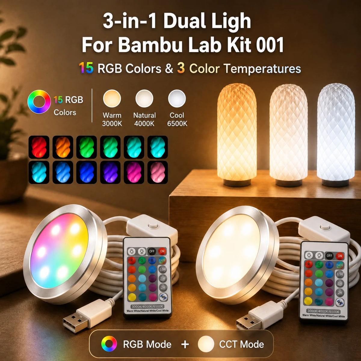 Upgraded High Brightness For Bambu Lab LED Lamp Kit 001 White/Cold/Warm White RGBW 3-in-1 Dual Light Bambu Lab Led Kit 001