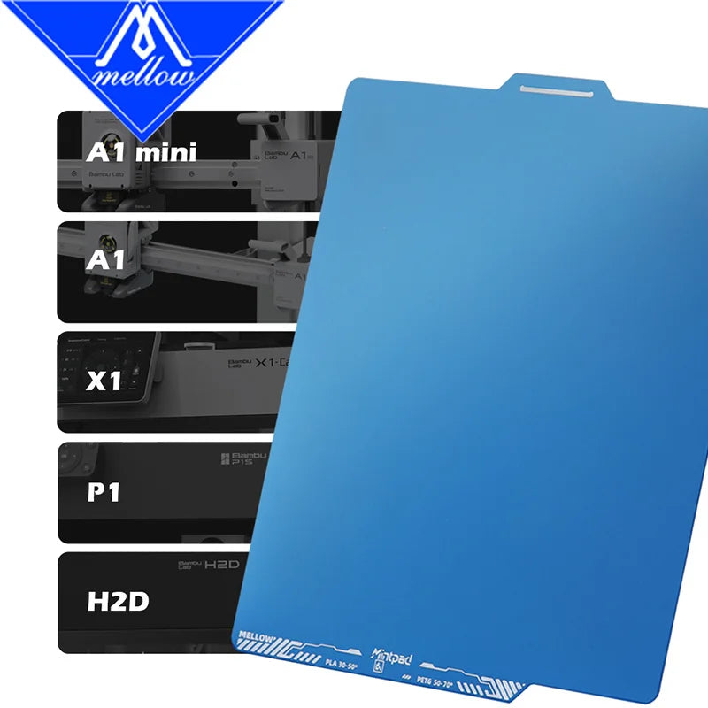 Mellow MintPad Cool Plate Build Surface for Bambu Lab X1 P1 A1 H2D — Dual-Sided Flexible Low-Temp Adhesion Print Bed